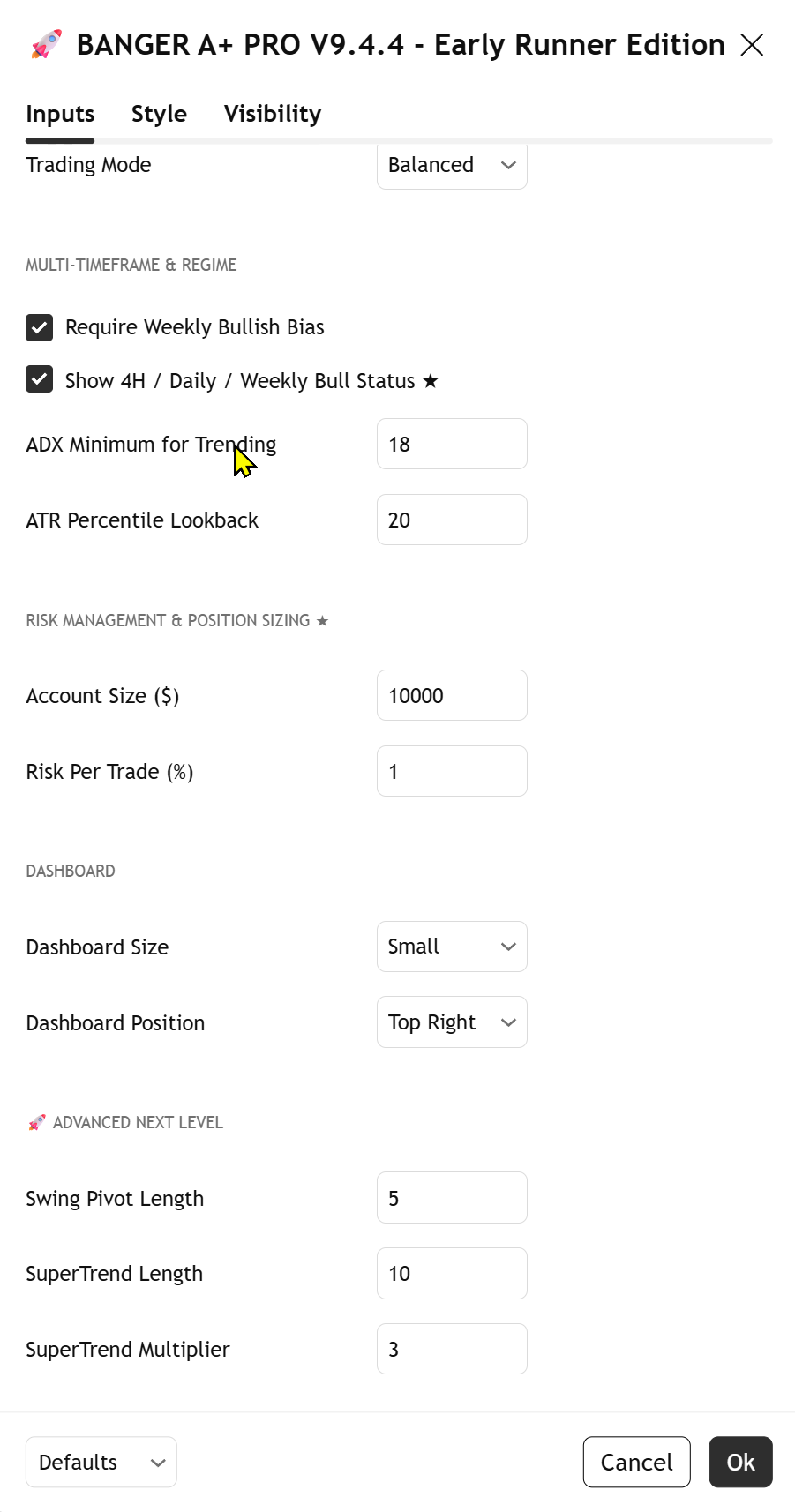 Inputs — risk & size, dashboard layout, advanced structure