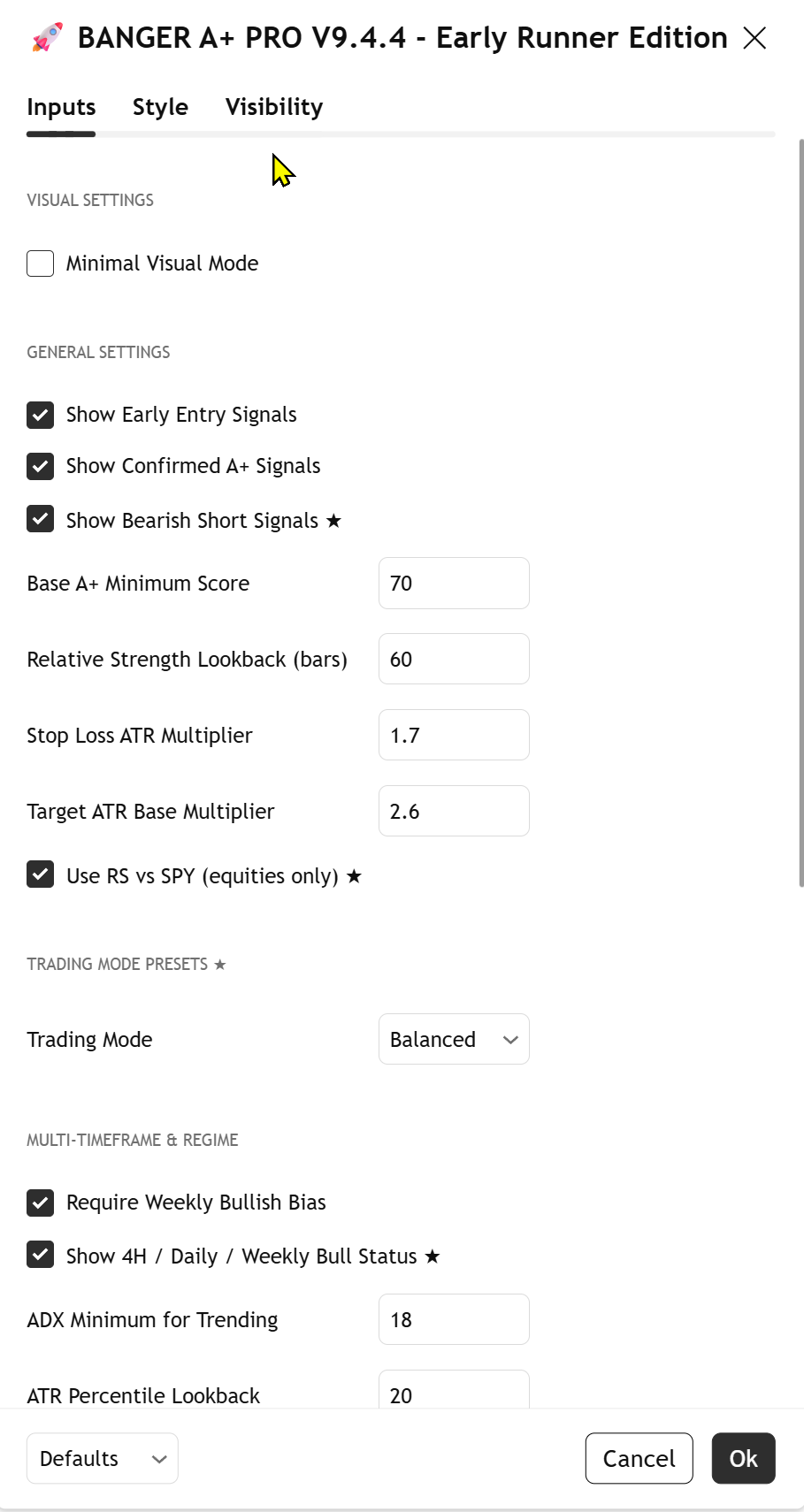 Inputs — signals, score floor, ATR multipliers, RS, trading mode, MTF & regime
